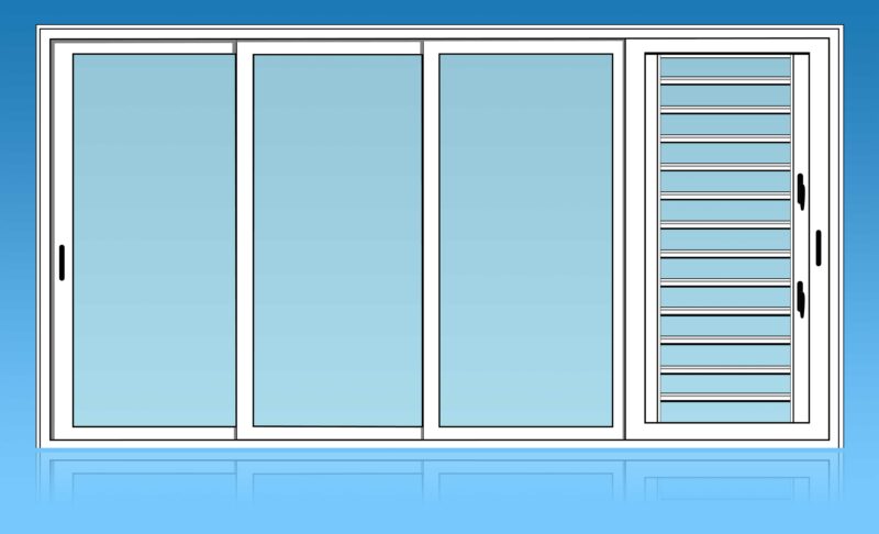 Coulissant en aluminium laqué blanc  4 vantaux  4 rails muni d'une jalousie coulissante et d'un vitrage clair.